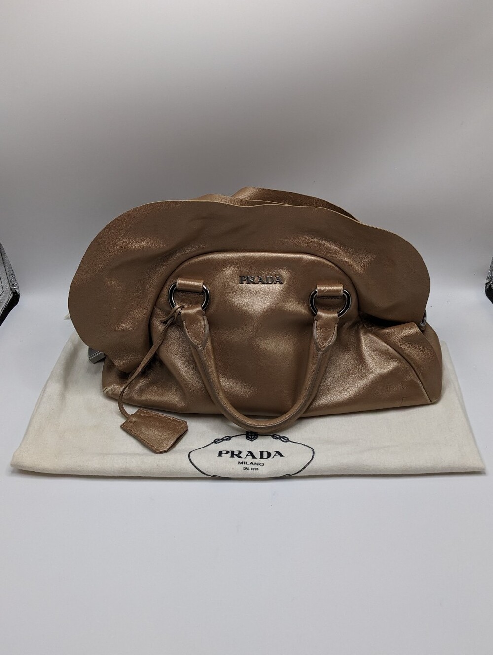 Prada Metallic Gold Leather Ruffle Satchel Top Handle Bag Padlock Italy